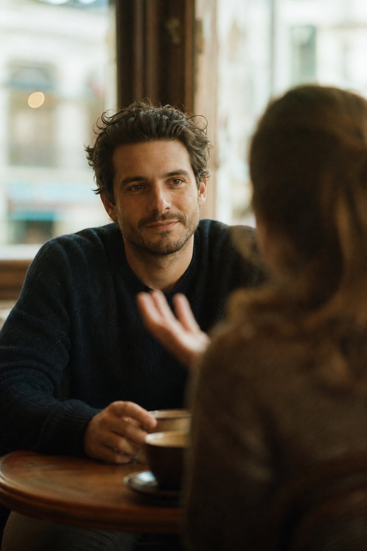 A man listening to a female friend across a cafe table as she talks happily about someone else.