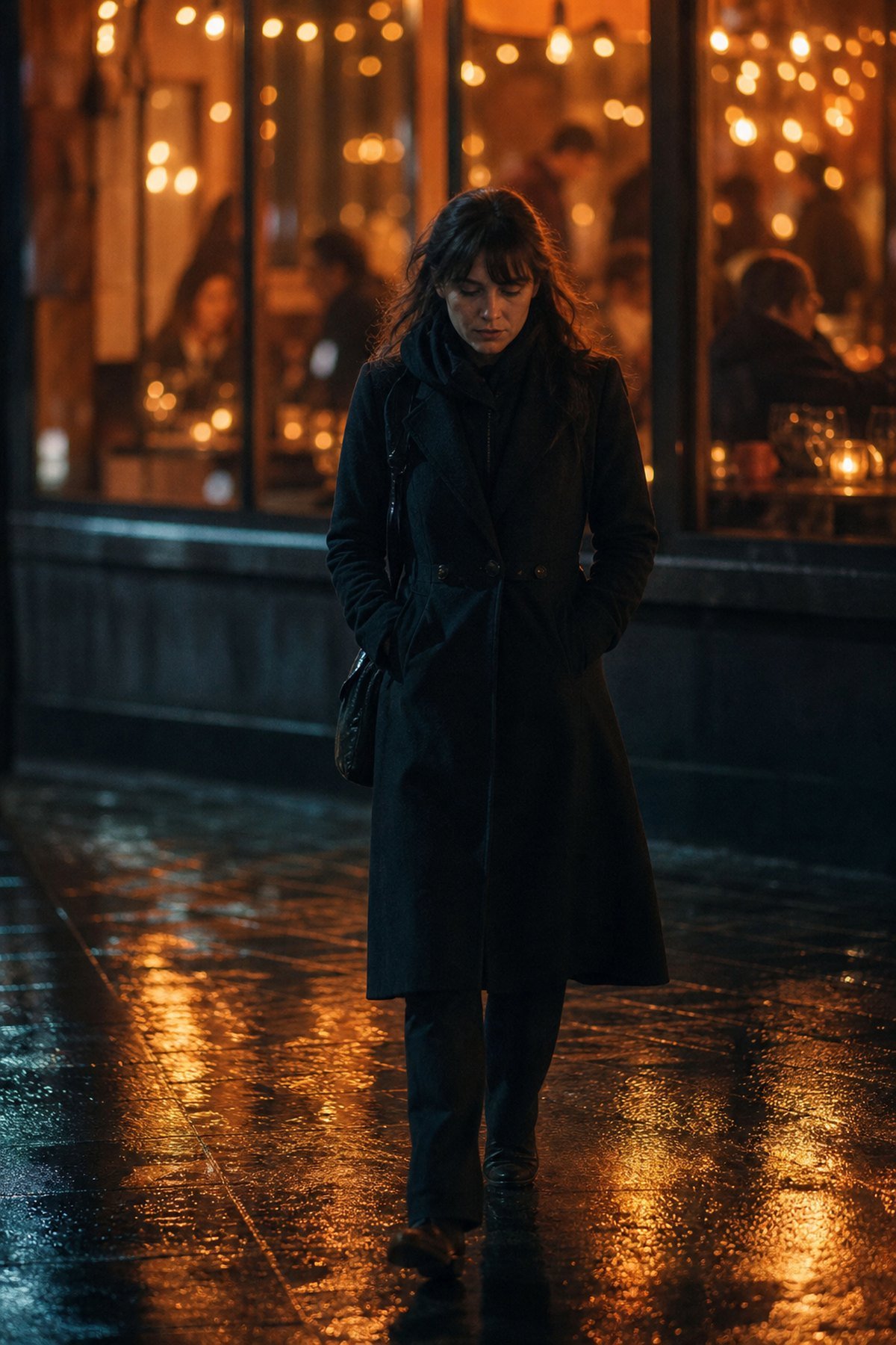 A woman walking home alone at night past the warm glowing window of a restaurant.